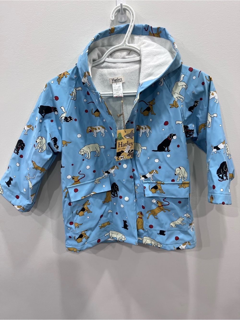 NWT Hatley Dog Print Terry Lined Rain Jacket Coat Size 5 Blue Hooded Waterproof